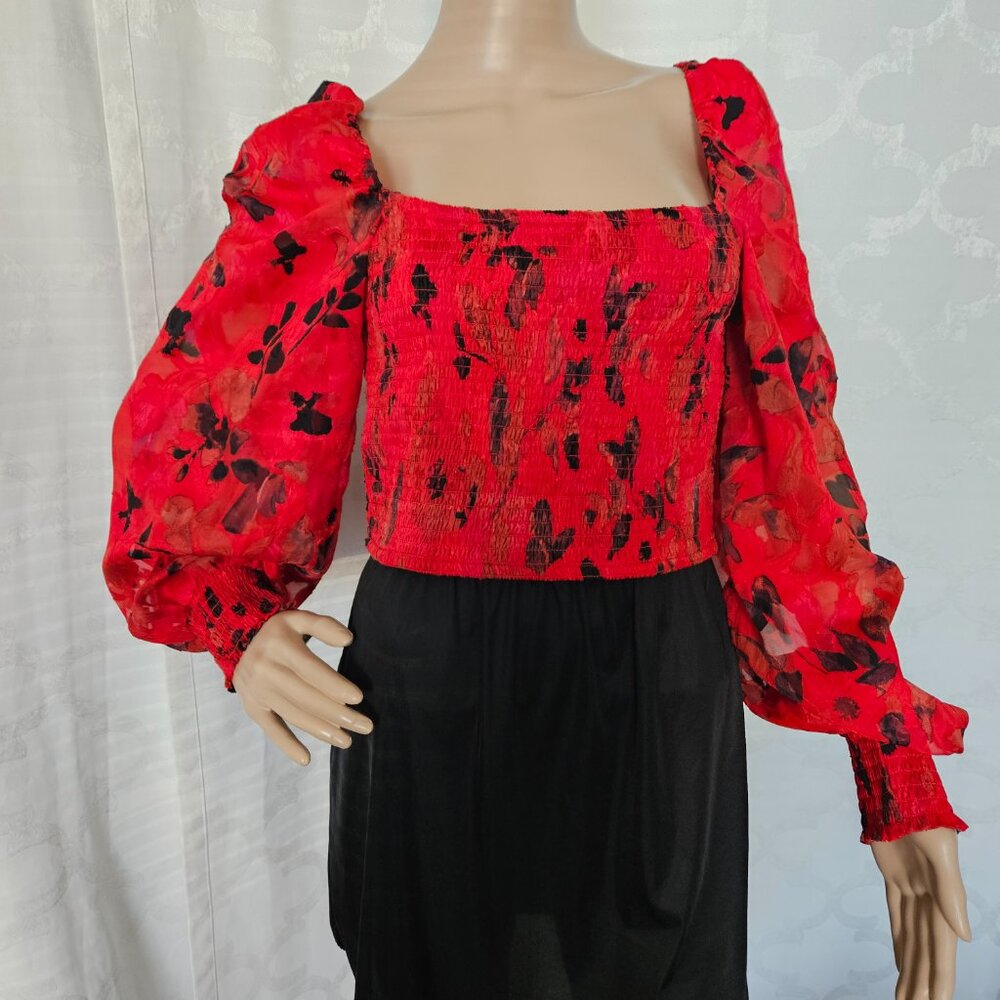 Vibrant Red Floral Smocked Top